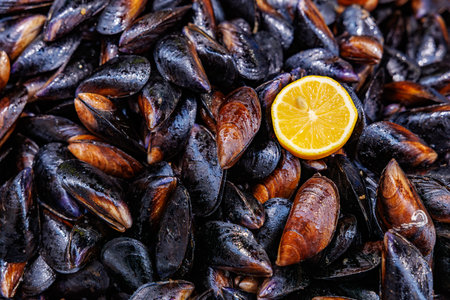 Freshly harvested mussels with lemon wedge at seafood market.