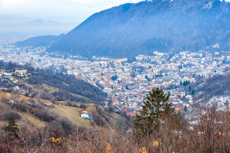 A city with a mountain in the background. The city is full of houses and buildings. The sky is cloudy and the mountain is covered in snowの写真素材