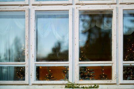 Rustic distressed window with reflections and subtle holiday decor.