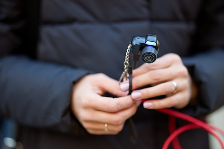 Close-up of female hands holding black keychain camera on red strap.の写真素材