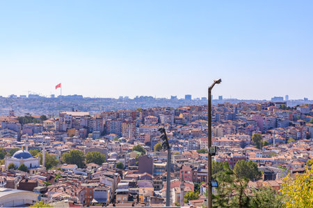 Panoramic view of ankara cityscape with buildings and turkish flag in skylight. August 12, 2025 Istanbul Turkey.のeditorial素材