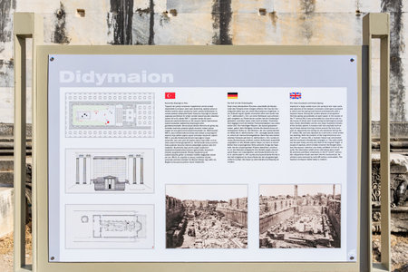 Informative Didyma temple sign with architectural diagrams and historical photos. August 8, 2025, 2 Didim Turkey.のeditorial素材