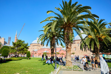 Sunny day in park with people near historic mosque and palm trees. August 10, 2025, Istanbul Turkey.のeditorial素材