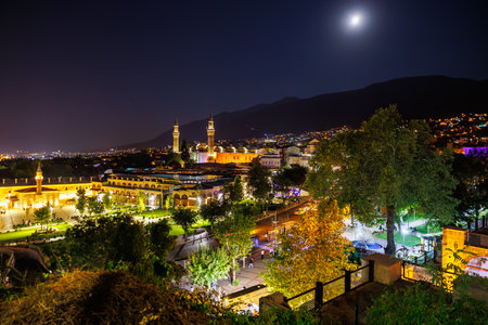 Bursa nightscape with illuminated mosques and full moon. August 9, 2025, 2 Bursa Turkey.のeditorial素材