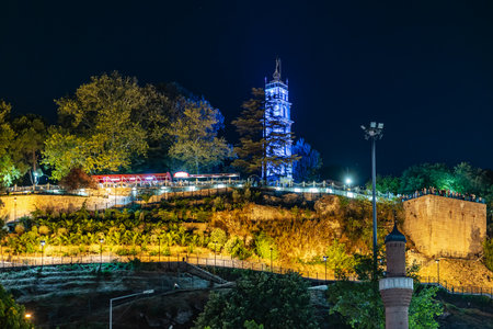 Illuminated historic tower on scenic hilltop at night. August 9, 2025, 2 Bursa Turkey.のeditorial素材
