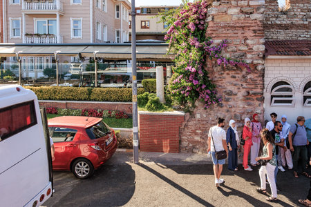 Group of people near historic stone wall with vibrant flowers on a sunny day. August 12, 2025...