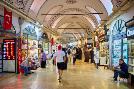 Bustling grand bazaar with visitors and shops. August 11, 2025, Istanbul Turkey.のeditorial素材