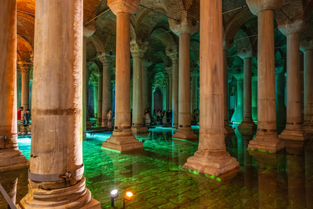 Ancient basilica cistern in istanbul with illuminated columns and reflections. August 12, 2025 Istanbul Turkey.のeditorial素材