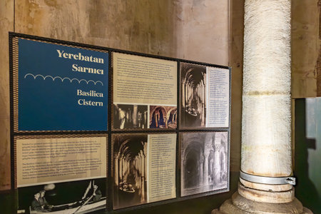Historical information display at basilica cistern in istanbul. August 12, 2025 Istanbul Turkey.のeditorial素材