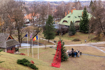 Group of people are standing in front of a red tree. December 16, 2024 Bran Romania.のeditorial素材