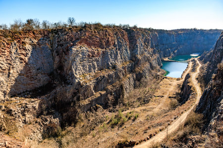 Scenic rocky canyon landscape with cliffs and water.の写真素材
