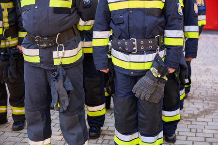 Group of firefighters in uniforms with reflective stripes at emergency preparedness drill. December...