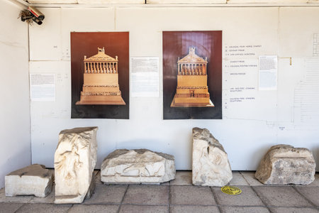 Ancient artifacts and architectural models in historical exhibit. August 5, 2025, Bodrum Turkey.のeditorial素材