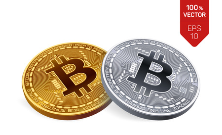 Bitcoin accepted sign emblem 3d isometric Physical bit coin with text accepted here.のイラスト素材