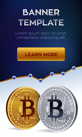 Cryptocurrency editable banner template. Bitcoin. 3D isometric Physical bit coin. Golden and silver bitcoin coins. Stock vector illustrationのイラスト素材
