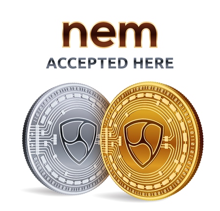 NEM. Accepted sign emblem. Crypto currency. Golden and silver coins with NEM symbol isolated on white background. 3D isometric Physical coins with text Accepted Here. Stock vector illustrationのイラスト素材