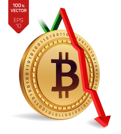 Bitcoin. Fall. Red arrow down. Bitcoin index rating go down on exchange market. Crypto currency. 3D isometric Physical Golden coin isolated on white background. Vector illustrationのイラスト素材