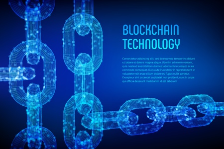 Block chain. Crypto currency. Blockchain concept. 3D wireframe chain with digital blocks. Editable cryptocurrency template. Stock vector illustrationの写真素材