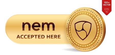 NEM accepted sign emblem. 3D isometric Physical coin with frame and text Accepted Here. Cryptocurrency. Golden coin with NEM symbol isolated on white background. Stock vector illustrationのイラスト素材