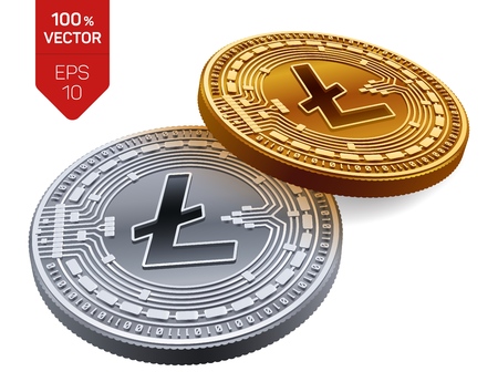 Litecoin. Crypto currency. 3D isometric Physical coins. Digital currency. Golden and silver coins with Litecoin symbol isolated on white background. Block chain. Vector illustrationのイラスト素材
