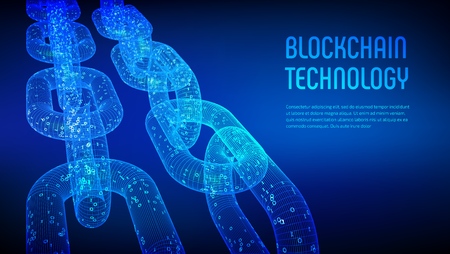 Block chain. Crypto currency. Blockchain concept. 3D wireframe chain with digital code. Editable cryptocurrency template. Stock vector illustrationのイラスト素材