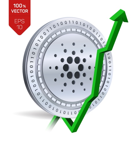 Cardano. Growth. Green arrow up. Cardano index rating go up on exchange market. Crypto currency. 3D isometric Physical Silver coin isolated on white background. Vector illustrationのイラスト素材