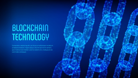 Blockchain concept in 3D wireframe chain with digital blocks.のイラスト素材