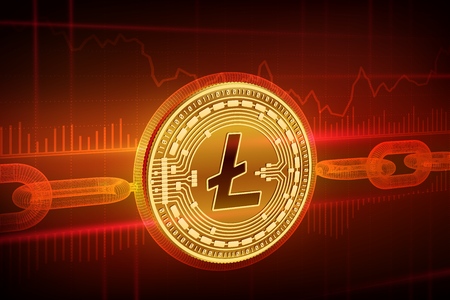 Crypto currency. Block chain. Litecoin. 3D isometric Physical golden Litecoin coin with wireframe chain. Blockchain concept. Editable Cryptocurrency template. Stock vector illustrationのイラスト素材