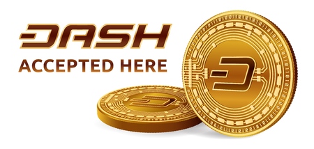 Dash. Accepted sign emblem. Crypto currency. Golden coins with Dash symbol isolated on white background. 3D isometric Physical coins with text Accepted Here. Stock vector illustration.のイラスト素材