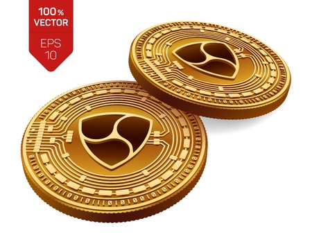 Nem. Crypto currency. 3D isometric Physical coins. Digital currency. Golden coins with nem symbol isolated on white background. Vector illustrationのイラスト素材