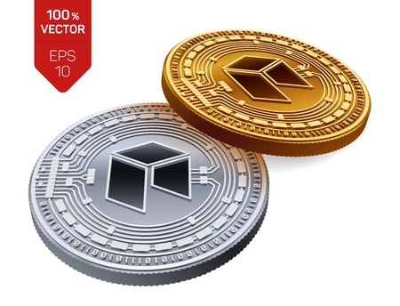Neo. Crypto currency. 3D isometric Physical coins. Digital currency. Golden and silver coins with neo symbol isolated on white background. Vector illustrationのイラスト素材