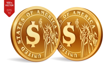 Dollar coin. 3D isometric Physical golden coins with Dollar symbol and with the image of the Statue of Liberty isolated on white background. American money. Vector illustrationのイラスト素材
