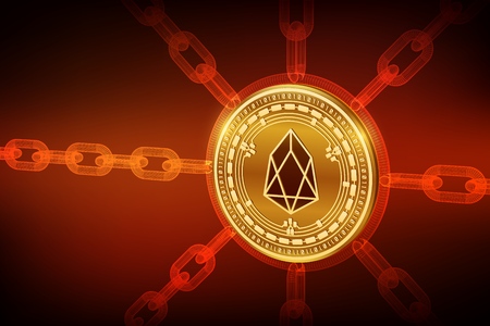 EOS. Crypto currency. Block chain. 3D isometric Physical EOS coin with wireframe chain. Blockchain concept. Editable Cryptocurrency template. Stock vector illustrationのイラスト素材