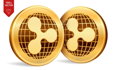 Ripple. 3D isometric Physical coins. Digital currency. Crypto currency. Golden coins with Ripple symbol isolated on white background. Block chain. Vector illustrationのイラスト素材