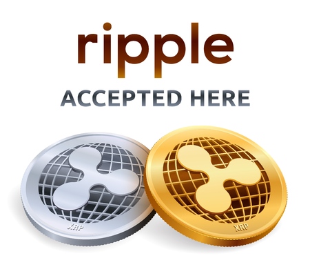 Ripple. Accepted sign emblem. Crypto currency. Golden and silver coins with Ripple symbol isolated on white background. 3D isometric Physical coins with text Accepted Here. Vector illustrationのイラスト素材