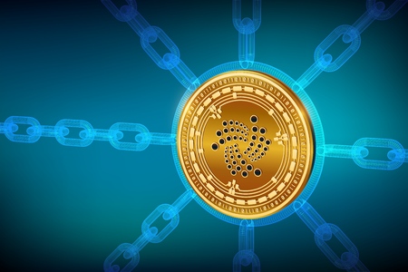 Iota. Crypto currency. Block chain. 3D isometric Physical Iota coin with wireframe chain. Blockchain concept. Editable Cryptocurrency template. Stock vector illustrationのイラスト素材