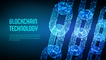 Block chain. Crypto currency. Blockchain concept. 3D wireframe chain with digital blocks. Editable cryptocurrency template. Stock vector illustrationのイラスト素材