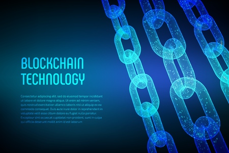 Blockchain. Cryptocurrency. Block chain concept. 3D wireframe chain with digital code. Editable...