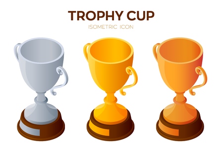 Trophy cup icon. Gold, Silver and Bronze Award, winner or champion cups 3D Isometric Icon. Created For Mobile, Web, Decor, Print Products, Application. Vector Illustrationのイラスト素材