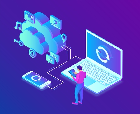 Cloud storage. Cloud Computing Technology Isometric Concept with Laptop and Smartphone Icons. User male character. Synchronization of devices. Vector illustrationのイラスト素材