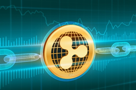 Crypto currency. Block chain. Ripple. 3D isometric Physical golden Ripple coin with wireframe chain. Blockchain concept. Editable Cryptocurrency template. Stock vector illustrationのイラスト素材