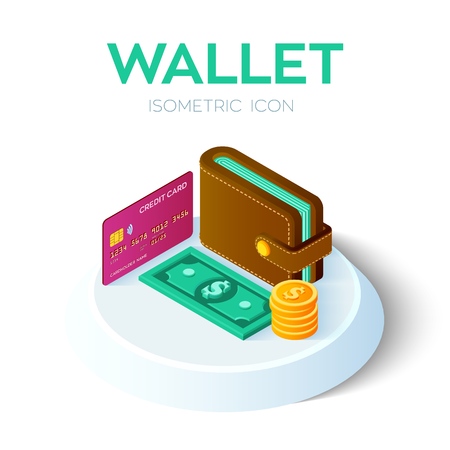 Wallet Icon. 3D Isometric Wallet icon with credit card and money. Dollar. Bank card. Payment concept. Created For Mobile, Web design, Decor, Application. Vector Illustration.のイラスト素材