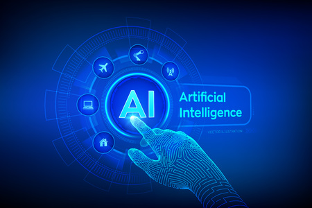 AI. Artificial intelligence. Machine learning, Big data analysis and automation technology in business and industrial manufacturing concept. Hand touching digital interface. Vector illustrationのイラスト素材