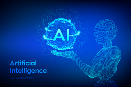 AI. Artificial intelligence. Wireframe robot. AI in robotic hand. Machine learning and cyber mind domination concept. Technology sci-fi concept. Graphic design concept of future. Vector illustration.のイラスト素材