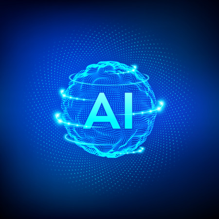 AI. Artificial Intelligence  . Artificial Intelligence and Machine Learning Concept. Sphere grid wave with binary code. Big data innovation technology. Neural networks. Vector illustration.のイラスト素材