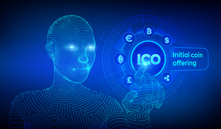 ICO. Initial coin offering. Cryptocurrency and global e-commerce concept. Fintech, Financial trading concept on virtual screen. Wireframed cyborg hand touching digital interface. Vector illustration.のイラスト素材