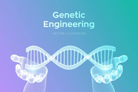 DNA sequence in hands. Wireframe DNA molecules structure mesh. DNA code editable template. Science and Technology concept. Vector illustrationのイラスト素材