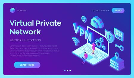 VPN. Virtual private network. Data encryption, IP substitute. Secure VPN connection concept. Cyber security and privacy, Isometric personal data protection. Privacy Protection. Vector Illustrationのイラスト素材