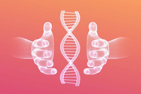 DNA sequence in hands. Wireframe DNA molecules structure mesh. DNA code editable template. Science and Technology concept. Vector illustrationのイラスト素材