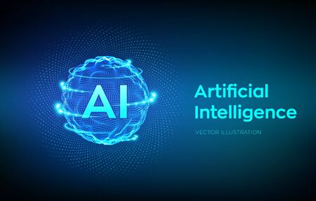 AI. Artificial Intelligence Logo. Artificial Intelligence and Machine Learning Concept. Sphere grid wave with binary code. Big data innovation technology. Neural networks. Vector illustrationのイラスト素材